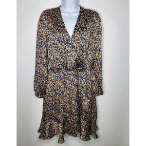 The Drop Caralynmirand Womens Silky Blue Floral Faux Wrap Dress Size L V Neck